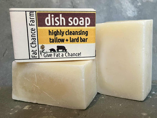 three bars of solid dish soap made with tallow and lard