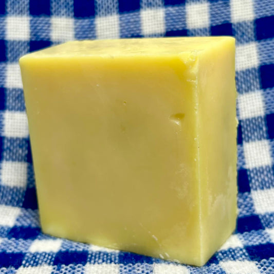 bar of soap on a blue and white checked background