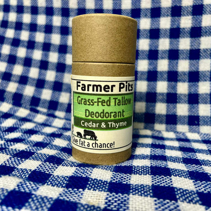 Deodorant stick labeled 'Farmer Pits' on a blue and white checkered background