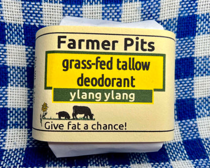 Deodorant stick labeled 'Farmer Pits' on a blue and white checkered background